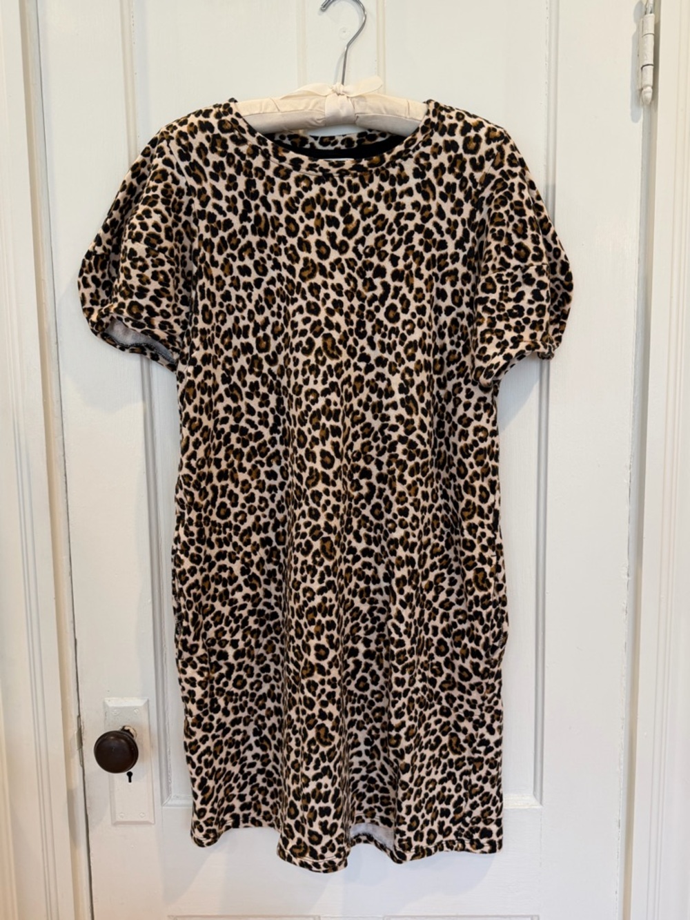 Velvet Brand Leopard Print Crewneck Sweatshirt Dress in Tan and Black